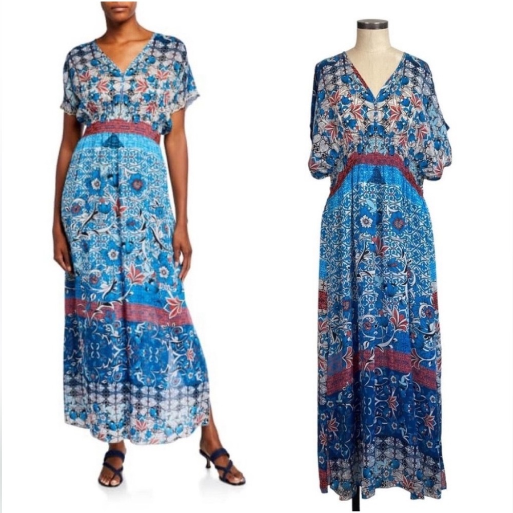 Johnny Was Blue Floral Maxi Dress with Red Waistband